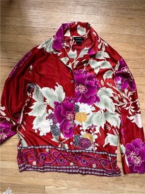 Natori Red Floral Satin Pajama Top (Top only)